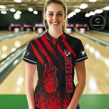Black and Red Flame Retro Bowling Polo, 1/4 Zip Shirt for Women Custom Vintage Team Bowling Jersey NQS11678