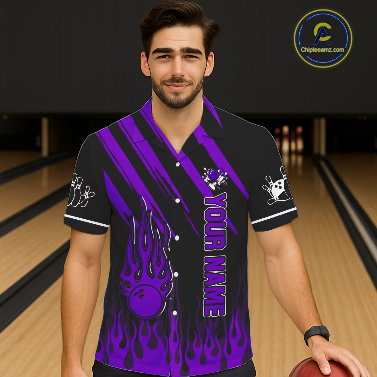 Black and Purple Flame Retro Bowling Button-up Shirt Custom Vintage Team Hawaiian Bowling Jersey NQS11679