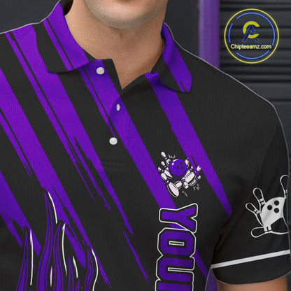 Black and Purple Flame Retro Bowling Polo, 1/4 Zip Shirt for Men Custom Vintage Team Bowling Jersey NQS11679