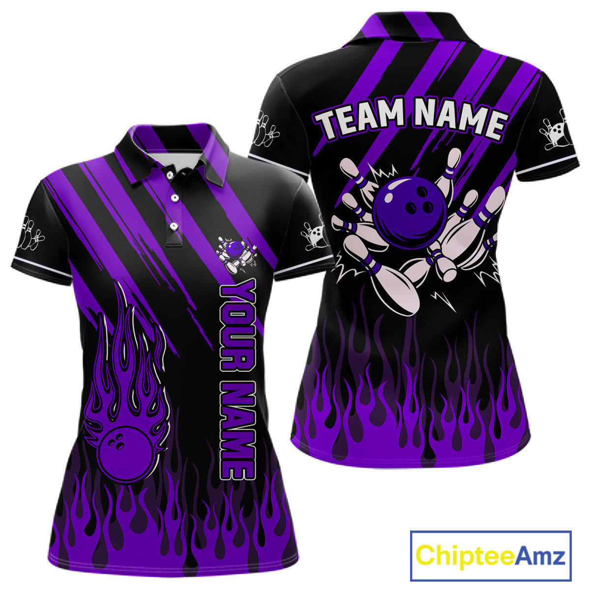 Black and Purple Flame Retro Bowling Polo, 1/4 Zip Shirt for Women Custom Vintage Team Bowling Jersey NQS11679
