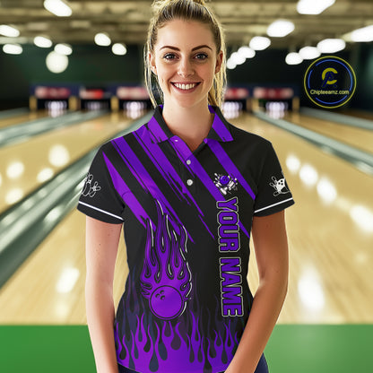 Black and Purple Flame Retro Bowling Polo, 1/4 Zip Shirt for Women Custom Vintage Team Bowling Jersey NQS11679
