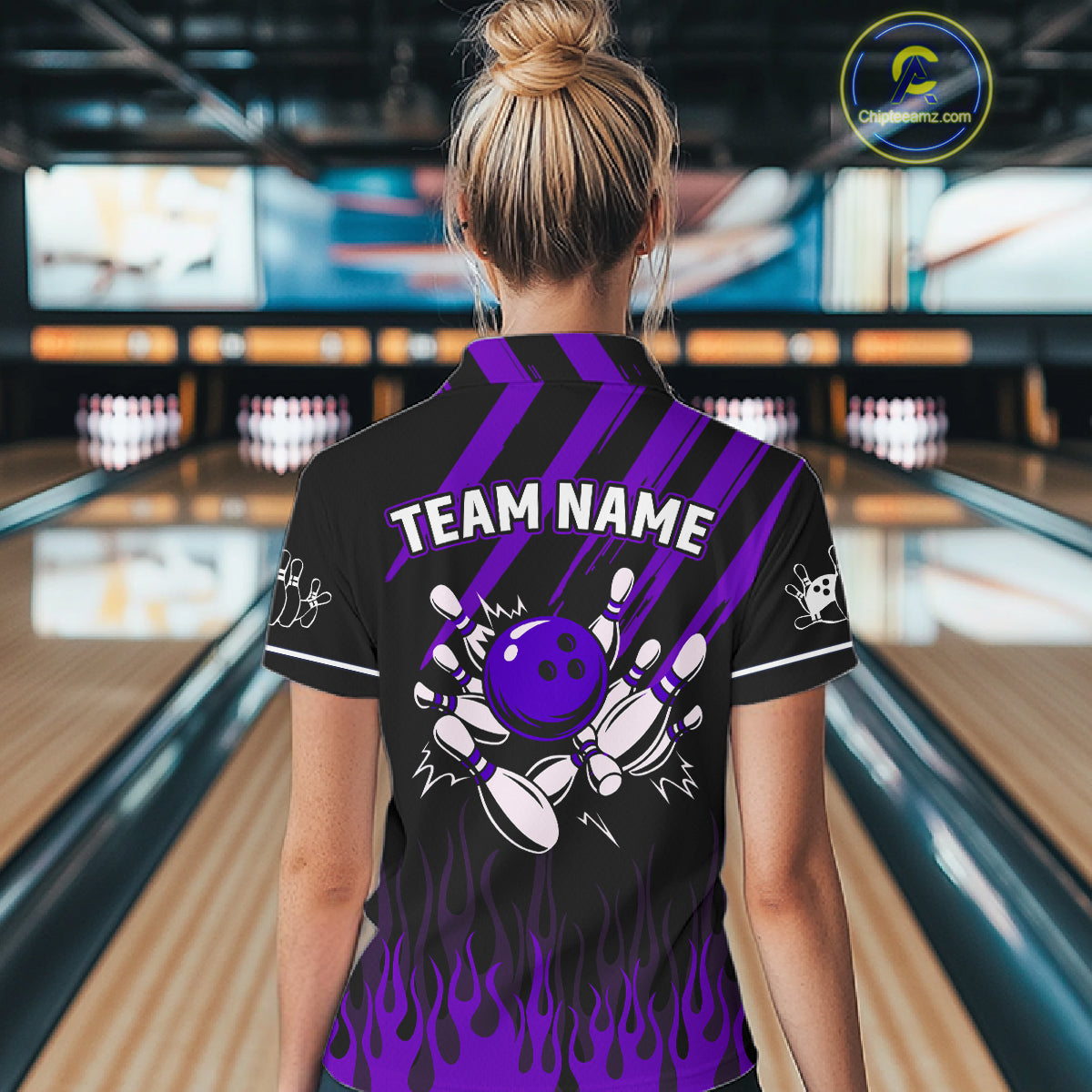 Black and Purple Flame Retro Bowling Polo, 1/4 Zip Shirt for Women Custom Vintage Team Bowling Jersey NQS11679