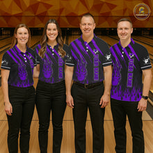 Load image into Gallery viewer, Black and Purple Flame Retro Bowling Polo, 1/4 Zip Shirt for Women Custom Vintage Team Bowling Jersey NQS11679