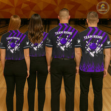 Load image into Gallery viewer, Black and Purple Flame Retro Bowling Polo, 1/4 Zip Shirt for Women Custom Vintage Team Bowling Jersey NQS11679