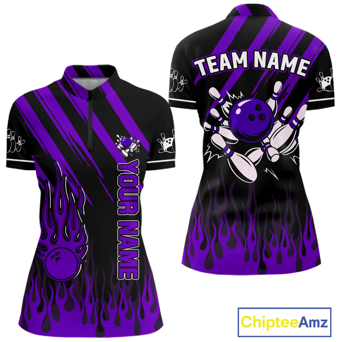 Black and Purple Flame Retro Bowling Polo, 1/4 Zip Shirt for Women Custom Vintage Team Bowling Jersey NQS11679