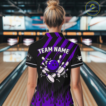 Black and Purple Flame Retro Bowling Polo, 1/4 Zip Shirt for Women Custom Vintage Team Bowling Jersey NQS11679