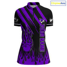 Load image into Gallery viewer, Black and Purple Flame Retro Bowling Polo, 1/4 Zip Shirt for Women Custom Vintage Team Bowling Jersey NQS11679