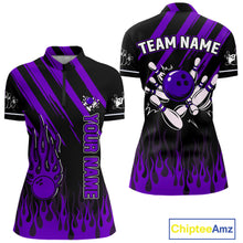 Load image into Gallery viewer, Black and Purple Flame Retro Bowling Polo, 1/4 Zip Shirt for Women Custom Vintage Team Bowling Jersey NQS11679
