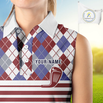 Red, White and Blue argyle pattern golf clubs Sleeveless Golf polo shirts Custom ladies golf attire NQS10030