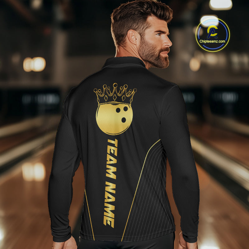 Blue and Gold Bowling ball Polo, Quarter Zip Shirts for Men Custom Bowling Outfit Team bowlers jersey NQS10032
