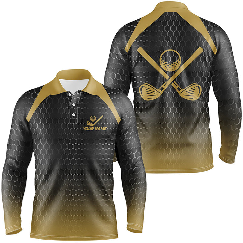 Mens golf polo shirts custom black and yellow hexagon pattern golf outfits men, cool golf gifts NQS8138