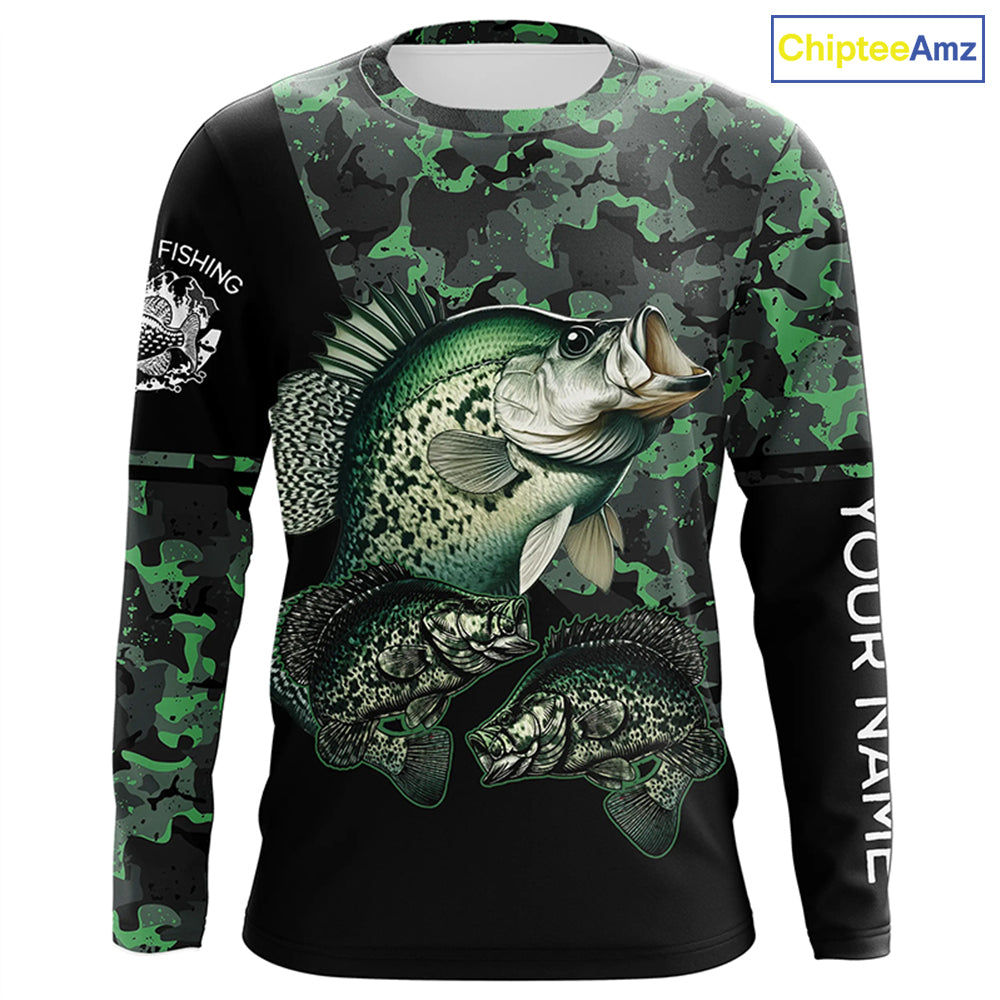 Crappie fishing black green camo personalized custom name sun protection long sleeve fishing shirts NQS3837
