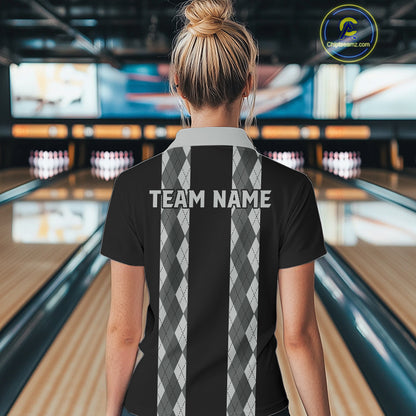 Retro Gray argyle pattern Black Bowling shirts For Women custom bowling team jerseys Bowler Outfits NQS10545