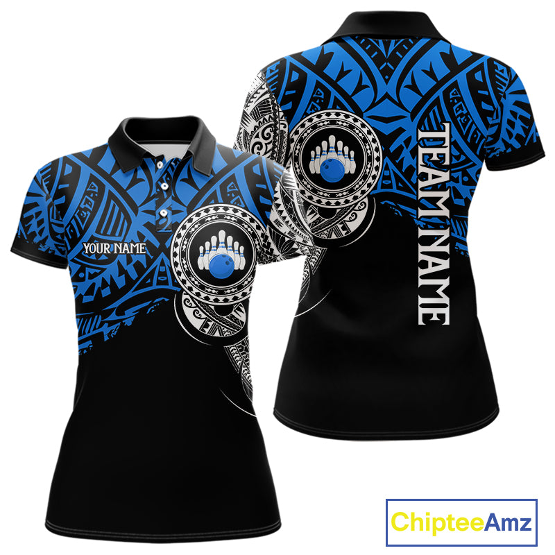 Personalized Black and Blue Tribal pattern Women Bowling Shirt Custom Team Bowling outfit for ladies NQS10762