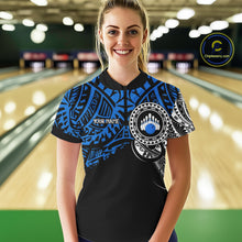 Load image into Gallery viewer, Personalized Black and Blue Tribal pattern Women Bowling Shirt Custom Team Bowling outfit for ladies NQS10762
