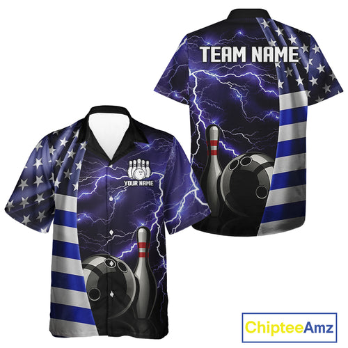 Blue Lightning Thunder American Flag Hawaiian bowling jersey Custom patriotic team bowling shirt NQS10960