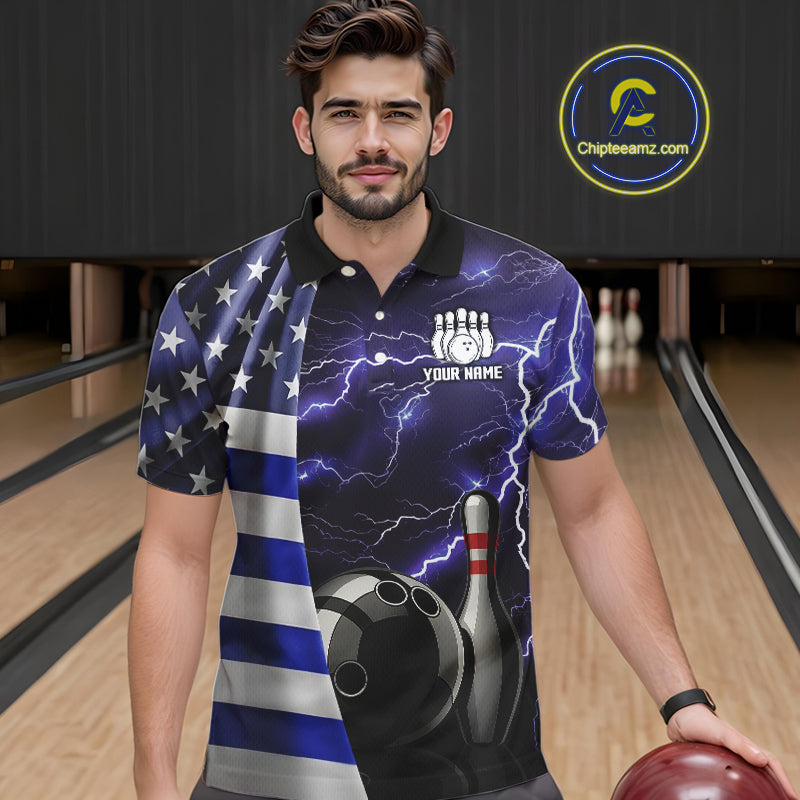 Blue Lightning Thunder American Flag Bowling Shirts For Men Custom patriotic team bowling jerseys NQS10960