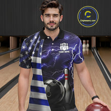 Load image into Gallery viewer, Blue Lightning Thunder American Flag Bowling Shirts For Men Custom patriotic team bowling jerseys NQS10960