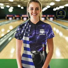 Load image into Gallery viewer, Blue Lightning Thunder American Flag Bowling Shirts For Women Custom patriotic team bowling jerseys NQS10960