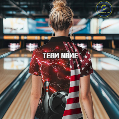 Red Lightning Thunder American Flag Bowling Shirts For Women Custom patriotic team bowling jerseys NQS10961