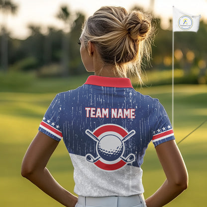 Red, White and Blue Grunge Women's Golf Polo Shirts Custom Patriotic Team Golf Outfit For Ladies NQS11344