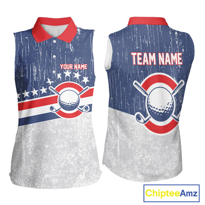 Red, White and Blue Grunge Women's Sleeveless polo shirt Custom Patriotic Team Golf Outfit For Ladies NQS11344
