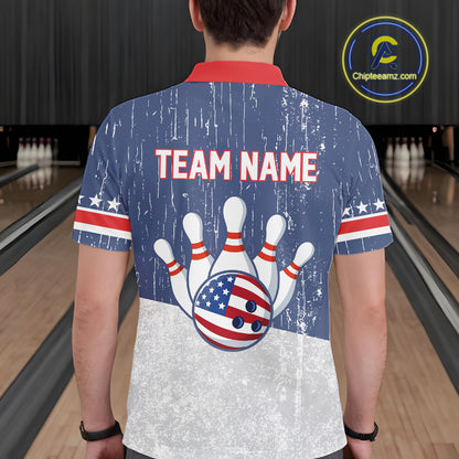 Red, White and Blue Grunge American Flag Bowling Shirts For Men Custom Patriotic Team Bowling jersey NQS11345