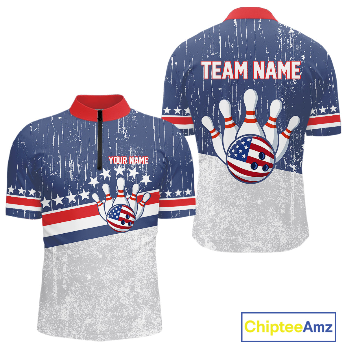 Red, White and Blue Grunge American Flag Bowling Shirts For Men Custom Patriotic Team Bowling jersey NQS11345