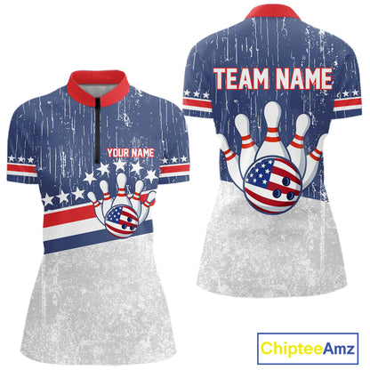 Red, White and Blue Grunge American Flag Bowling Shirt For Women Custom Patriotic Team Bowling jersey NQS11345