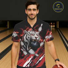 Load image into Gallery viewer, Black and Red Lightning Thunder Tiger Bowling Hawaiian Jersey, Bowling Team button-up shirts NQS11571