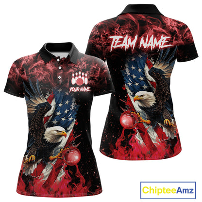 Red Flame American Flag Eagle bowling shirts for Women Custom Bowling Team Jersey, gift for Bowler NQS11556