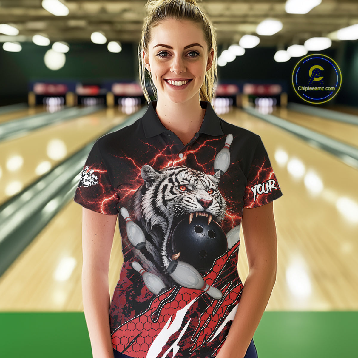 Black and Red Lightning Thunder Tiger Bowling Polo, 1/4 Zip Jersey for Women, Bowling Team shirts NQS11571