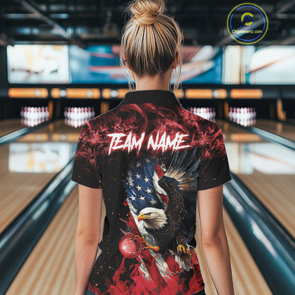 Red Flame American Flag Eagle bowling shirts for Women Custom Bowling Team Jersey, gift for Bowler NQS11556