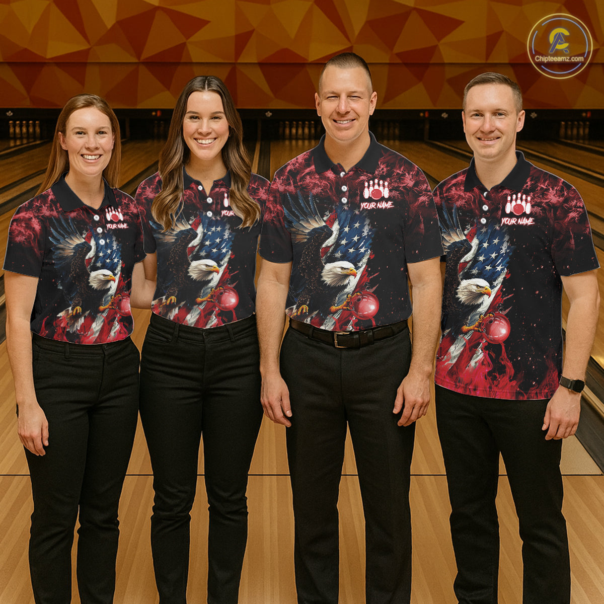 Red Flame American Flag Eagle bowling shirts for Women Custom Bowling Team Jersey, gift for Bowler NQS11556