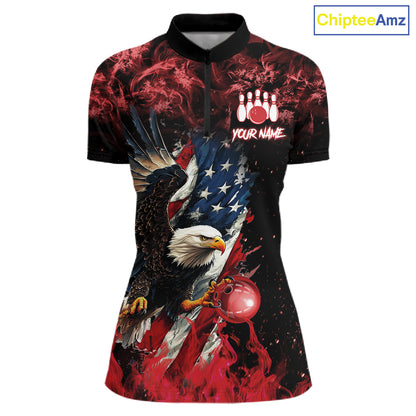 Red Flame American Flag Eagle bowling shirts for Women Custom Bowling Team Jersey, gift for Bowler NQS11556