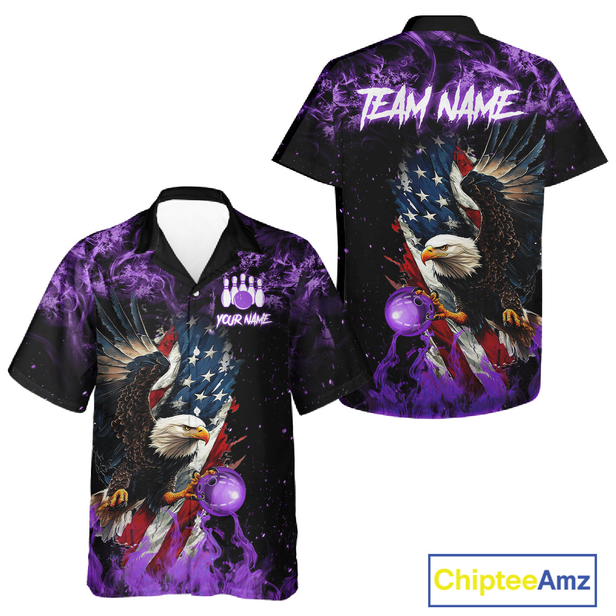 Purple Flame American Flag Eagle Bowling Hawaiian shirt Custom Bowling Team button-up shirts NQS11557