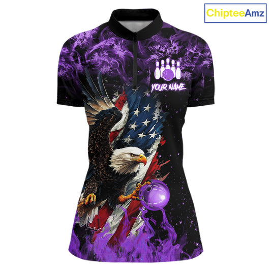 Purple Flame American Flag Eagle bowling shirts for Women Custom Bowling Team Jersey, gift for Bowler NQS11557