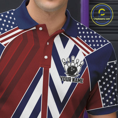 Red, White and Blue American Flag Flame Bowling shirts for Men Custom patriotic Team Bowling Jerseys NQS11558