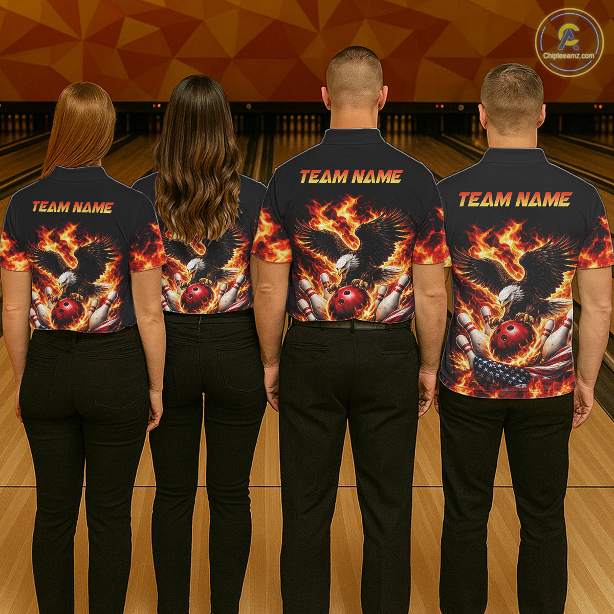 Custom Flame American Flag Eagle Bowling Shirts, Patriotic Eagle Bowling Team Jerseys For Women NQS11560