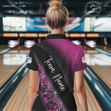 Load image into Gallery viewer, Black and Pink Glitter Flower Bowling Polo, Quarter Zip Shirt for Women Custom Bowling Team Jerseys NQS11685