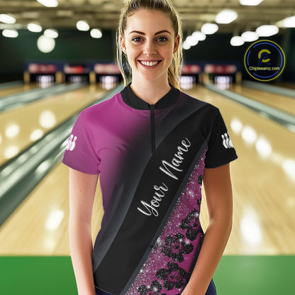 Black and Pink Glitter Flower Bowling Polo, Quarter Zip Shirt for Women Custom Bowling Team Jerseys NQS11685