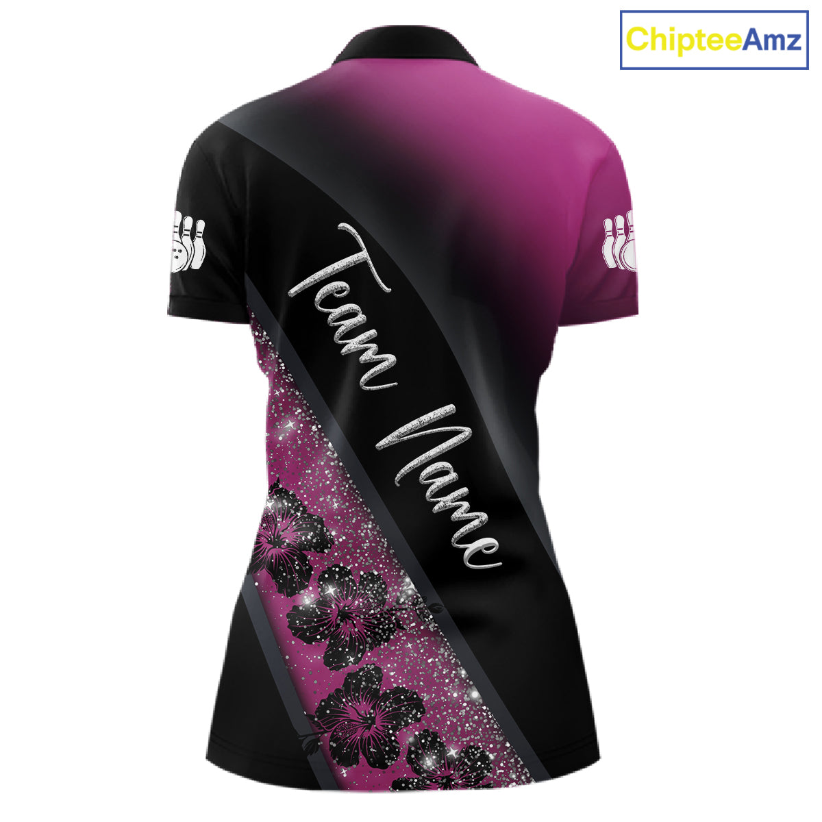 Black and Pink Glitter Flower Bowling Polo, Quarter Zip Shirt for Women Custom Bowling Team Jerseys NQS11685
