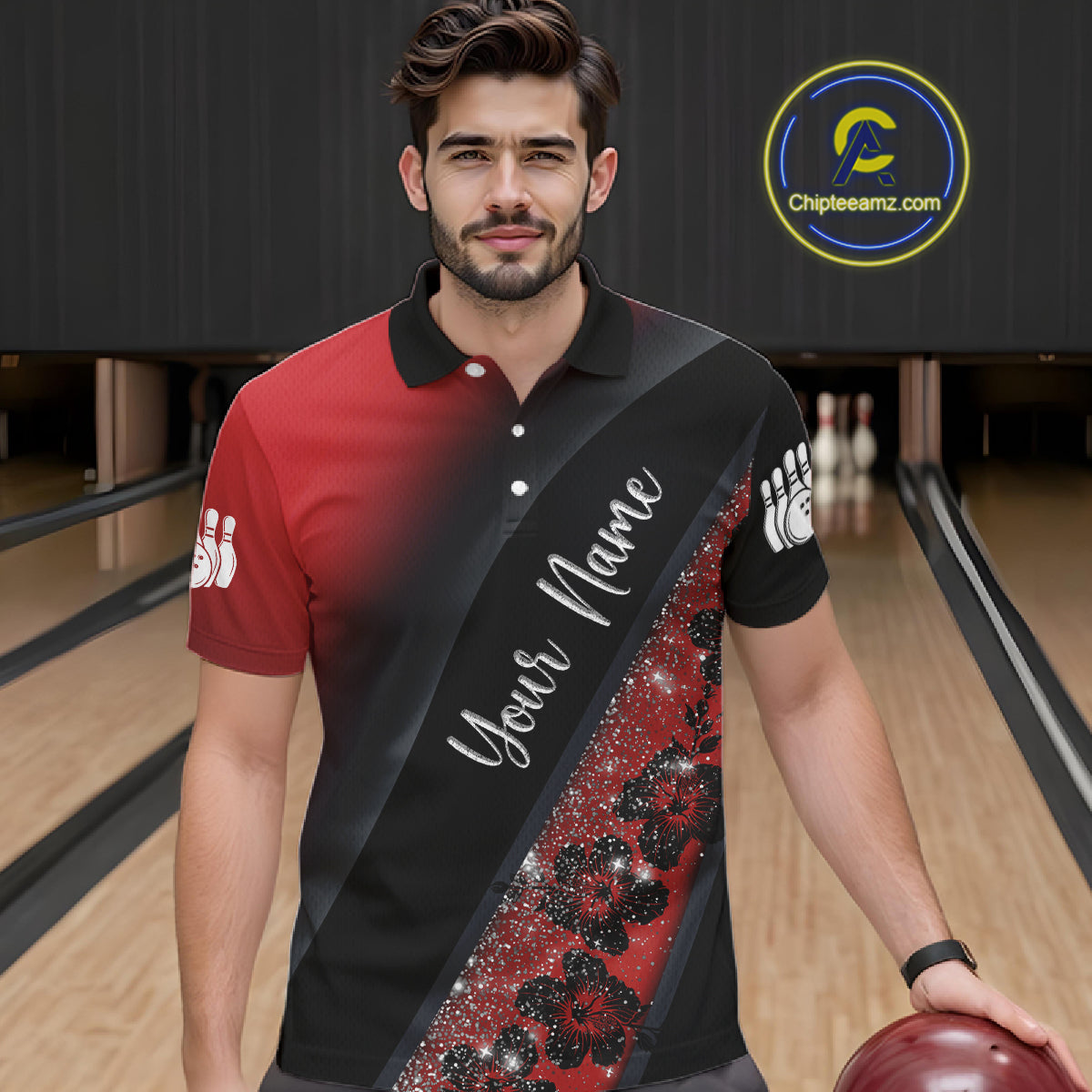 Black and Red Glitter Flower Bowling Polo, Quarter Zip Shirt for Men Custom Bowling Team Jerseys NQS11686