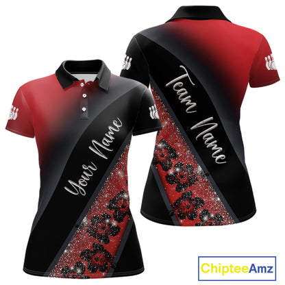 Black and Red Glitter Flower Bowling Polo, Quarter Zip Shirt for Women Custom Bowling Team Jerseys NQS11686