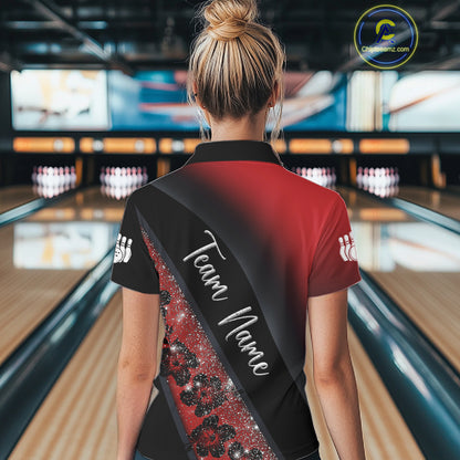 Black and Red Glitter Flower Bowling Polo, Quarter Zip Shirt for Women Custom Bowling Team Jerseys NQS11686