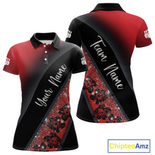 Load image into Gallery viewer, Black and Red Glitter Flower Bowling Polo, Quarter Zip Shirt for Women Custom Bowling Team Jerseys NQS11686