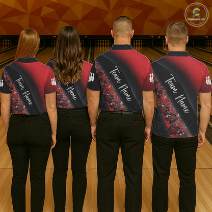Black and Red Glitter Flower Bowling Polo, Quarter Zip Shirt for Men Custom Bowling Team Jerseys NQS11686