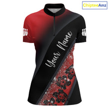 Load image into Gallery viewer, Black and Red Glitter Flower Bowling Polo, Quarter Zip Shirt for Women Custom Bowling Team Jerseys NQS11686