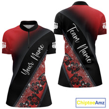 Load image into Gallery viewer, Black and Red Glitter Flower Bowling Polo, Quarter Zip Shirt for Women Custom Bowling Team Jerseys NQS11686