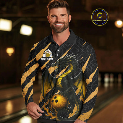 Black and Gold Dragon Bowling Polo, Quarter Zip Shirts for Men Custom Bowling Outfit Team jersey NQS10037